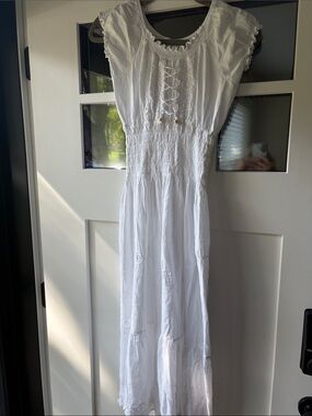 White Boho Lace-Up Maxi Dress